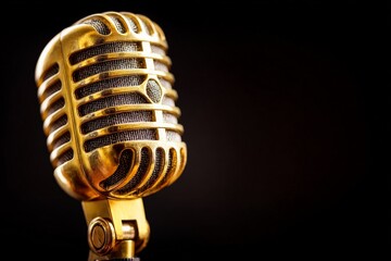 Vintage microphone shines against dark background for classic music performance or recording session
