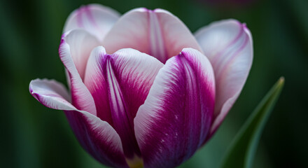 Fototapeta premium Exquisite purple and white tulip blossom a springtime delight soft focus macro view