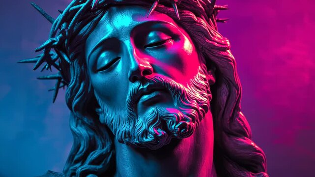 A statue of Jesus with a crown of thorns on his head. The image has a dark and moody atmosphere