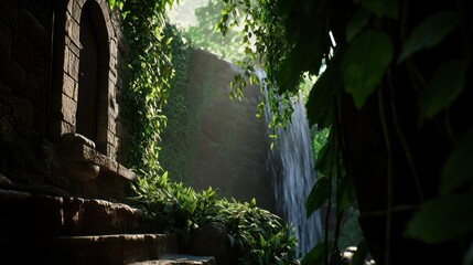 Sunlit waterfall cascading past ancient stone steps and archway in lush jungle