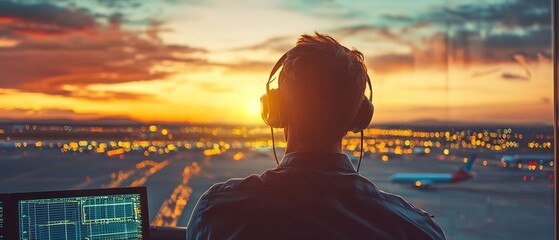 Dedicated Air Traffic Controller Watching Flights Depart at Sunset with Screens Showing Data : Generative AI