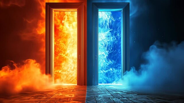 Heaven paradise and fiery hell gates choice. Door to heaven and hell. Good and evil, light and darkness