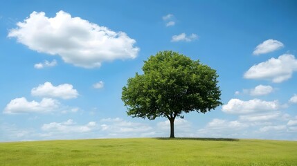 A single tree growing tall and straight in an open field symbolizing resilience and upward growth