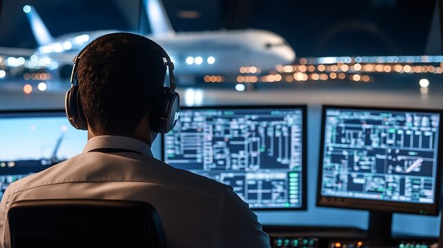 Experienced Air Traffic Controller Overseeing Flights from Control Tower at Airport : Generative AI