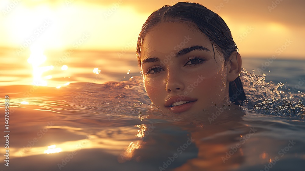 Poster vibrant portrait of a smiling woman in shimmering water with the sun setting in the background : gen