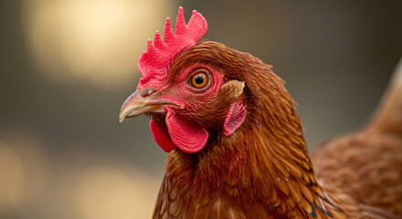 Close up of a curious brown hen rich red comb soft light blurred background