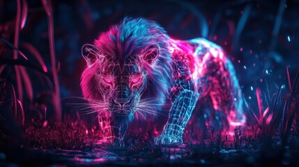 Dramatic representation of a glowing digital lion prowling through a neon forest at night
