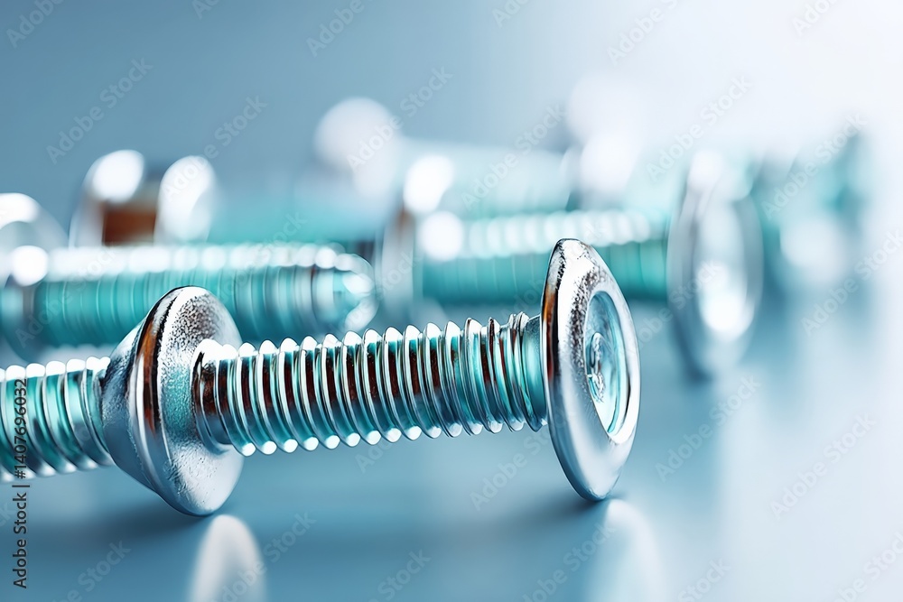 Poster close-up view of shiny metal screws arranged in a line on a reflective surface in a well-lit worksho