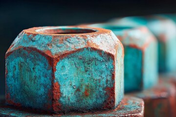 Close-up view of rusted metal bolts showcasing blue and orange patina in a workshop setting