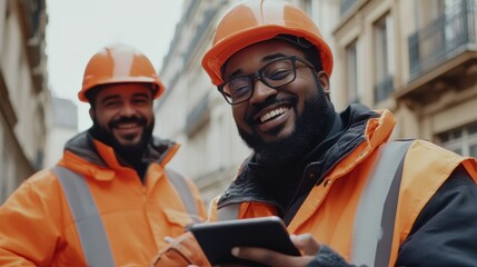 Two smiling male workers in orange safety gear and helmets consult on a tablet. It shows teamwork, construction, or site inspection for business and industry.