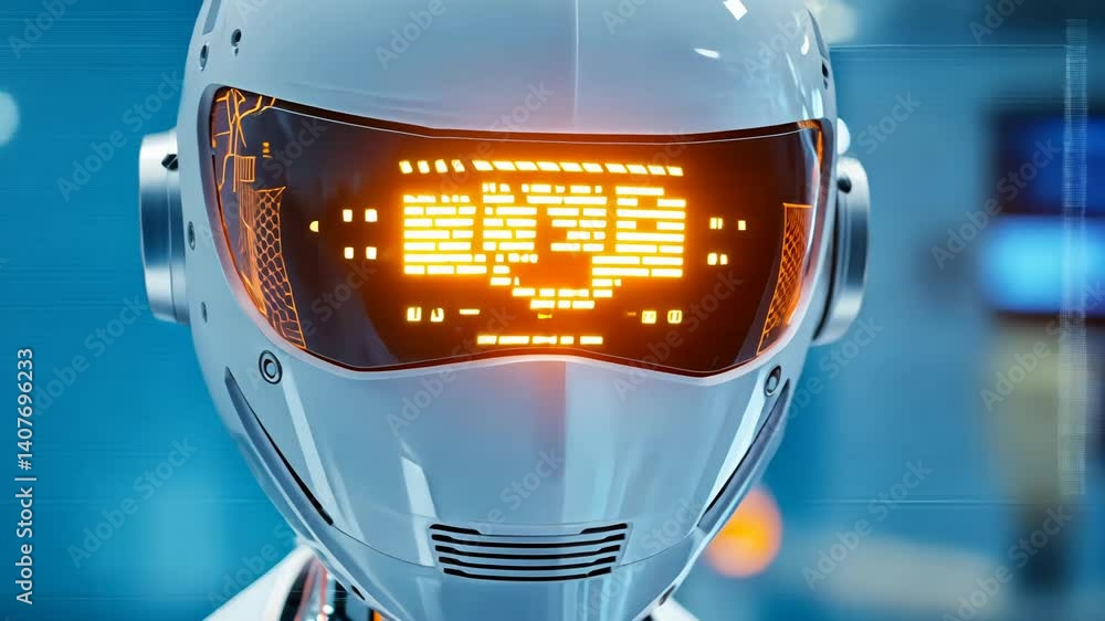 Poster futuristic humanoid robot in a high-tech office environment with blurred background.
