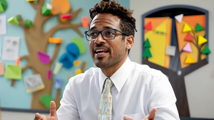 Enthusiastic male teacher engages with students in a colorful classroom environment.