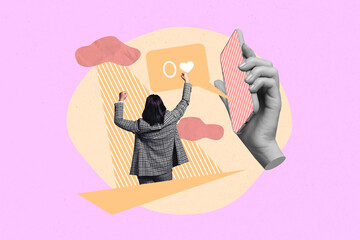 Creative banner collage of person win with hand show cell phone zero likes on pink background