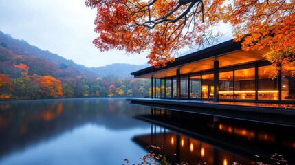 Fototapeta premium Autumn Lakeside Cafe, Japan