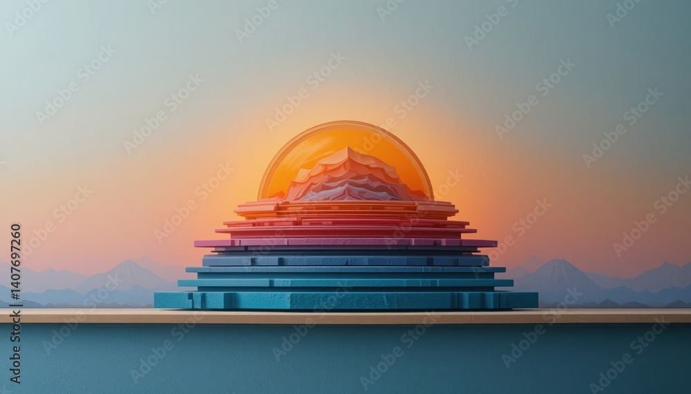 Aufkleber sunset scene with layered geometric shapes digital art creation abstract design serene environment f