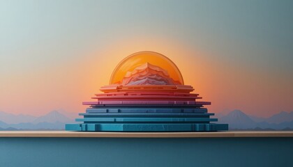 Obraz premium Sunset scene with layered geometric shapes digital art creation abstract design serene environment front view for modern aesthetic appeal