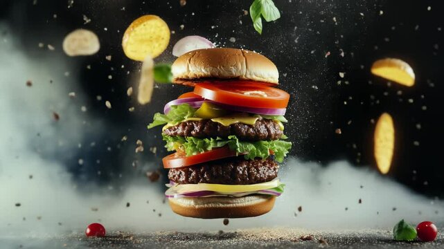 A burger with lettuce, tomato, and onions is shown in the air with a cloud of smoke surrounding it