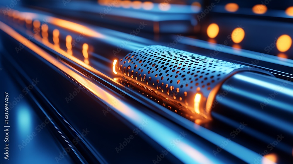 Poster Close-up of a high-tech cylindrical component with glowing perforations in a futuristic setting : Generative AI