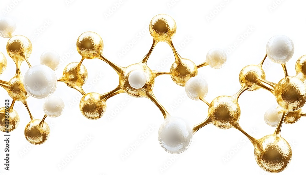 Poster intricate molecular structure of golden and white atoms representing advanced chemistry concepts : g