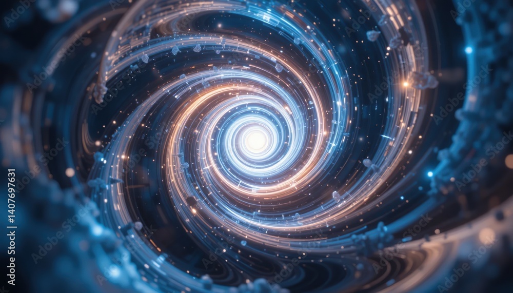 Poster exploring a cosmic spiral dynamic vortex of energy outer space digital art futuristic environment cl