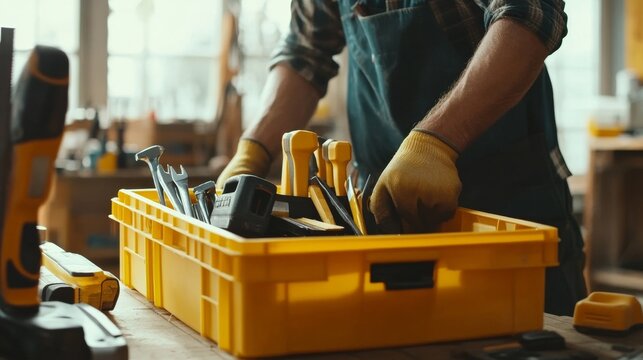 Construction worker organizing tools in a toolbox. Featuring order and readiness