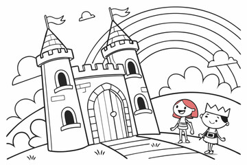 kids coloring page, a castle with tall towers, cartoonish, friendly, thick outlines