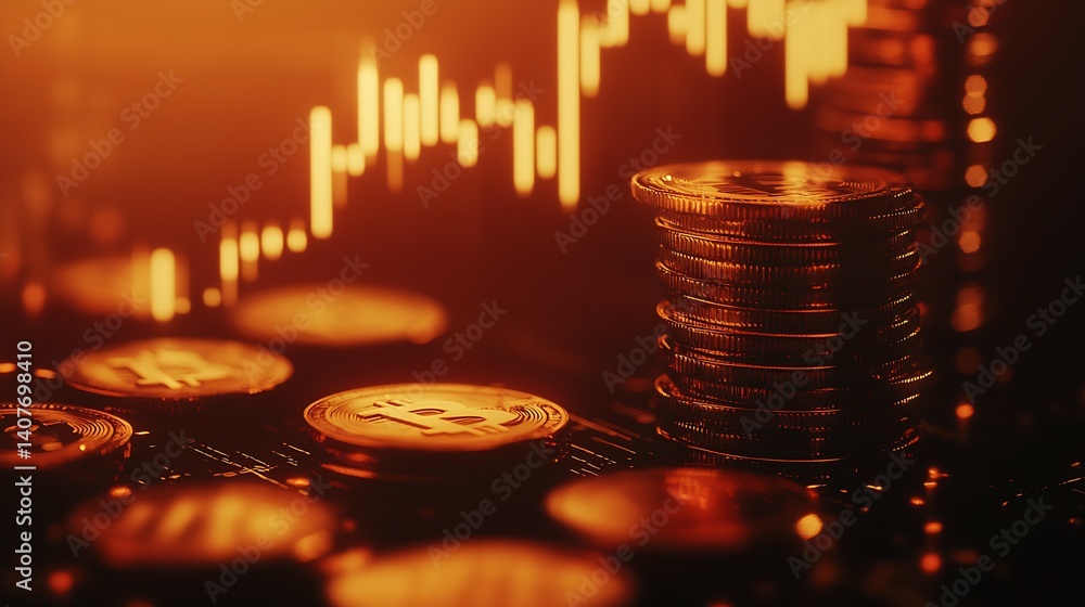 Aufkleber crisp close-up image of cryptocurrency coins capturing market trends in golden tones : generative ai
