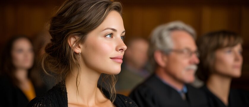Woman in courtroom setting, observing proceedings intently. Judges and other people are blurred in background