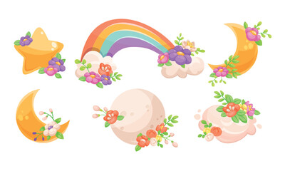 Celestial Body with Flower Adornment as Sky Object Vector Set