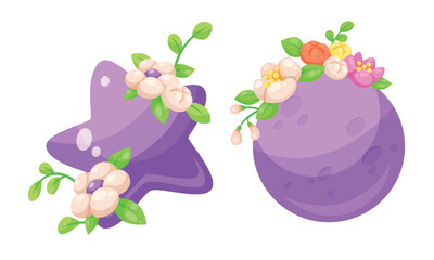 Celestial Body with Flower Adornment as Sky Object Vector Set