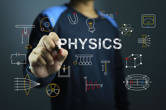 The concept of learning science with a student's hand using a pen to write physics theories while the lesson images float on the side.