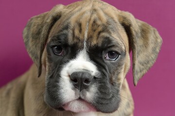 Playful puppy poses against a vibrant pink background in a studio setting capturing attention effortlessly