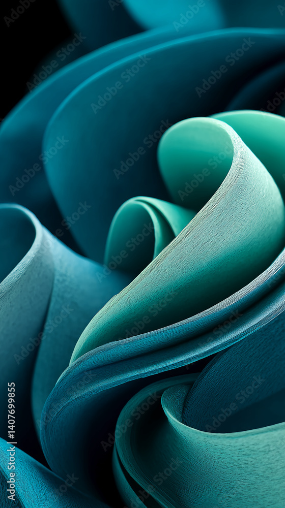 Aufkleber Abstract image of teal textured paper swirling, creating a dynamic, flowing composition.  Suggests movement, fluidity, and modern design aesthetics.