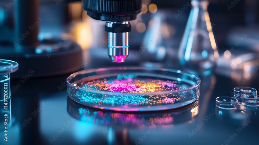 Aufkleber colorful particles observed under microscope in a laboratory setting during nighttime experiment