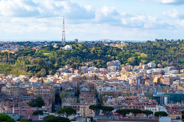 A cityscape view of the city of Rome, Italy as seen from the top of the Dome of St Peter's Basilica