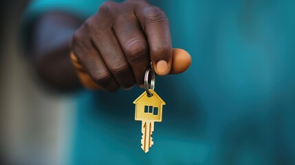 A close-up of a dark-skinned person's hand holding a gold-colored house-shaped key chain