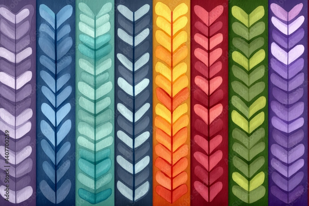 Poster colorful leaf patterns arranged in vertical stripes create a vibrant design on a wall