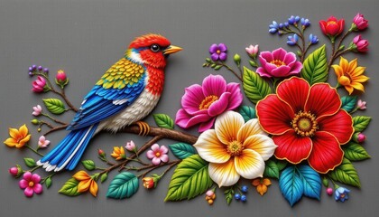 Fototapeta premium Embroidered Floral and Bird Design Illustrate a design resembling intricate embroidery