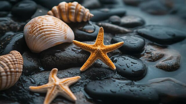 A starfish and a shell are on a rock. The shell is white and the starfish is orange