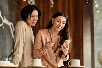 Couple joyfully planning their wedding while enjoying a cozy moment together in a vibrant cafe