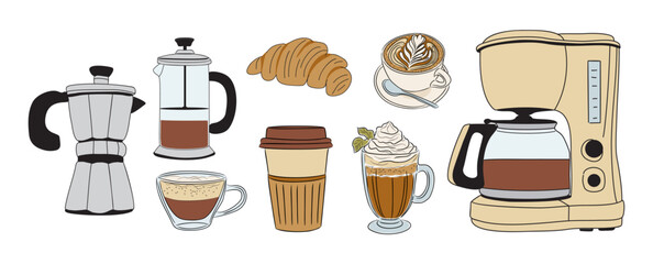 Set of different coffee elements, Coffee cups, croissant, coffee pot, coffee machine, french press. Collection of Hand drawn colored outline vector illustrations isolated on white background