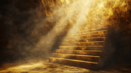 Abstract scene featuring golden rays of light shining onto a staircase