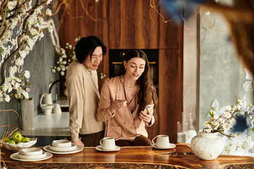 Couple joyfully plans their wedding in a beautiful, elegant setting filled with love