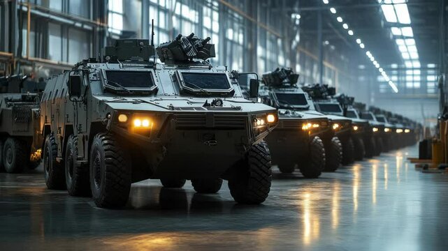 A row of military vehicles are lined up in a factory. The vehicles are all the same color and have the same design. Scene is serious and focused