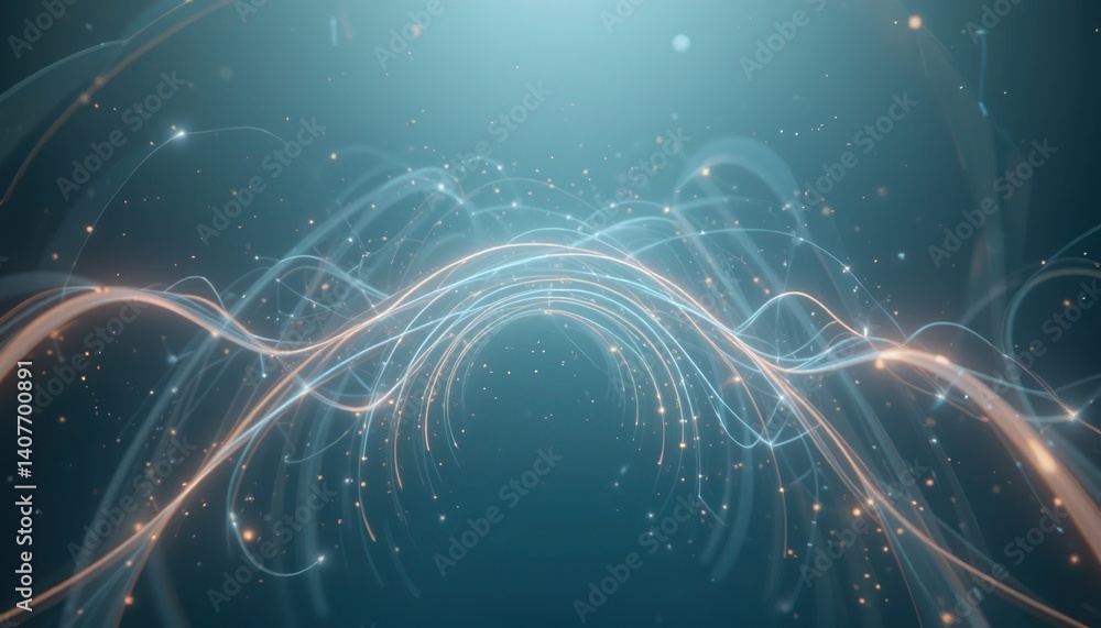 Poster dynamic light waves and particles in motion abstract digital art studio environment futuristic persp
