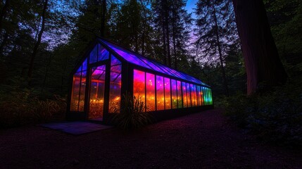 Illuminated greenhouse at night in a forest