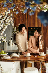 Couple joyfully preparing for their wedding in a beautifully decorated kitchen