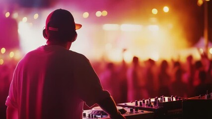 A man is playing music at a concert. The crowd is dancing and enjoying the music. The atmosphere is lively and energetic