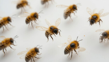 Close-Up of Multiple Honey Bees on a White Surface
