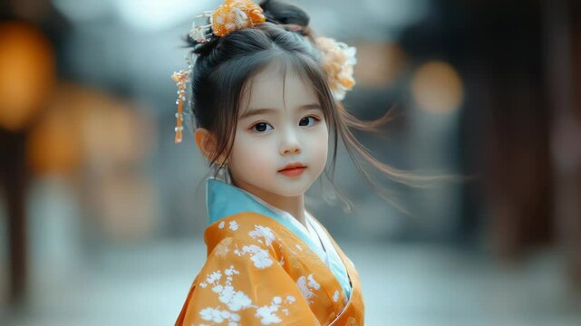 A young girl wearing a traditional Japanese kimono stands in front of a building. She has her hair in a bun and is wearing a flower headband